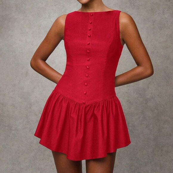 Red Elegant Women's Ruffle Hem Round Neck Sleeveless Mini Dress - Picture 4 of 6